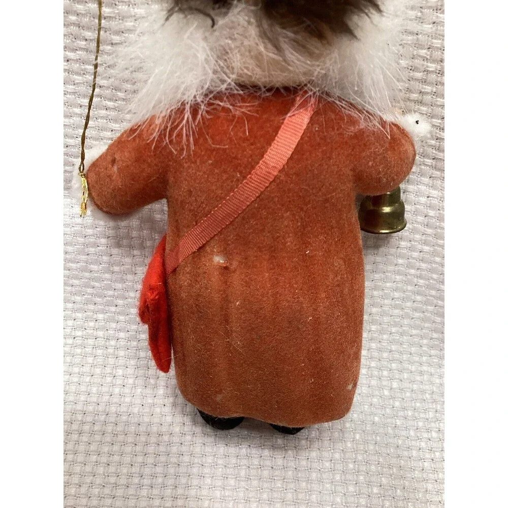 Flocked Plastic Old World Santa Christmas Ornament With Fur Hat & Bell 5”